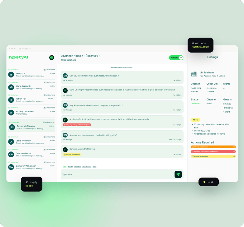 HostyAI hospitality SaaS dashboard: guest conversations, AI replies and booking details